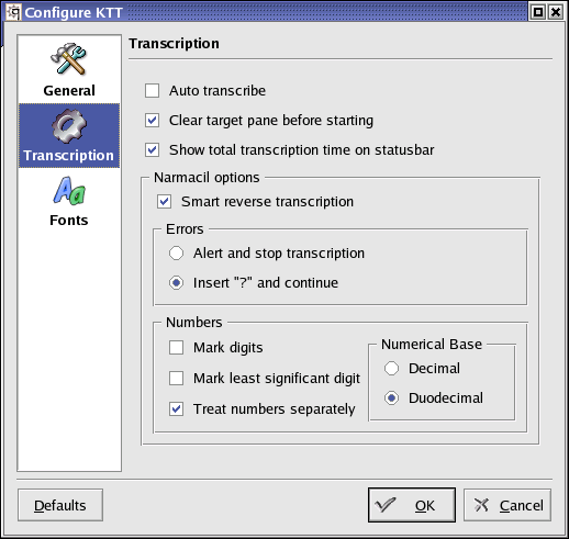 Configure dialog - Transcription page